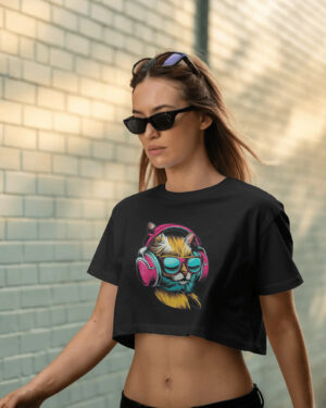 Cat Vibes Graphic Crop Top – Black